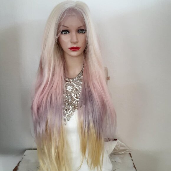 Human hair blendblonde and pink lace front wig
